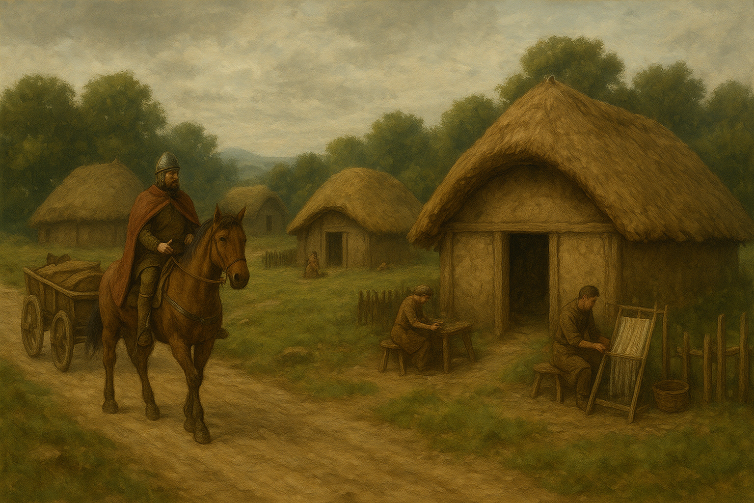 Symbolbild: Ein Reiter reitet an mehreren strohbedeckten Grubenhäusern vorbei. Es sind Menschen zu sehen, die weben und arbeiten.