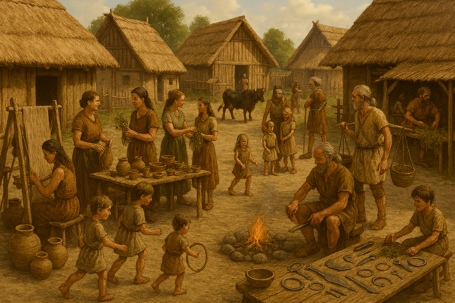 Erstelle ein Bild: Eine lebendige bronzezeitliche Siedlung in Mitteleuropa mit regem Treiben auf dem Dorfplatz. Man sieht strohgedeckte Langhäuser aus Holz und Lehm, die sich um einen offenen Platz gruppieren. Auf dem Platz herrscht geschäftiges Treiben: Händler bieten Keramik, Bronzegegenstände und getrocknete Kräuter an, während Kinder zwischen den Ständen spielen. Frauen weben Stoffe oder tauschen Waren, Männer reparieren Werkzeuge oder führen Tiere zum Brunnen. In der Mitte des Platzes lodert ein kleines Feuer, um das sich einige Dorfbewohner versammeln.