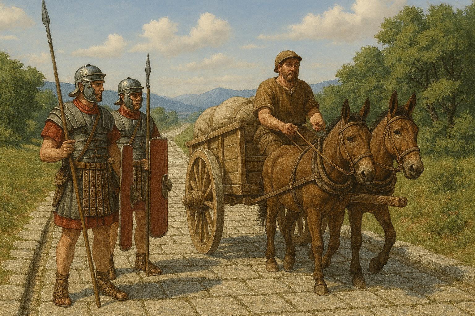 Symbolbild: Zu sehen ist ein Fuhrmann, der von zwei römischen Legionären begleitet wird.