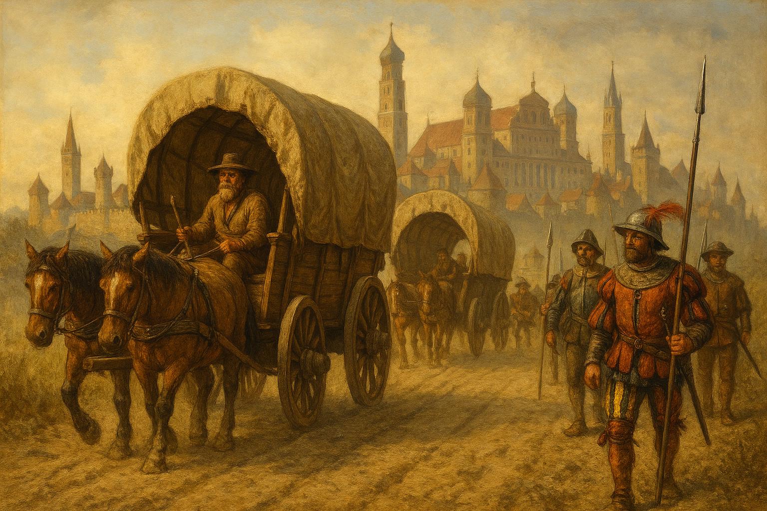 Symbolbild: Zu sehen sind neuzeitliche Fuhrmänner, die von Landsknechten begleitet werden. Im Hintergrund ist das historische Augsburg zu sehen.